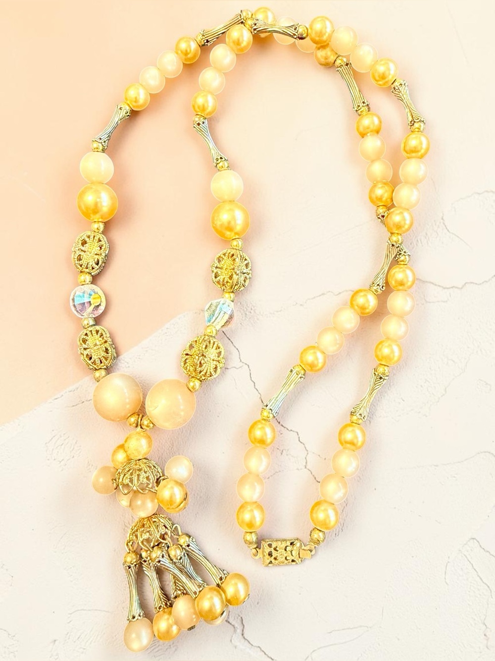 Gold Tone Peach Pearl Style Filigree Tassel Statement Necklace